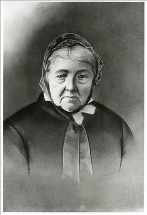 Sketched portrait of a woman wearing a bonnet and a thick coat. 
